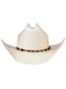White cowboy hat with a tapered crown and wide brim. Includes a black band adorned with orange and silver details.
