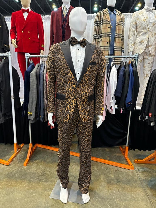 Mens Leopard Print Tuxedo with Black Satin Lapel and Bow Tie Bold Animal Print Formal Suit