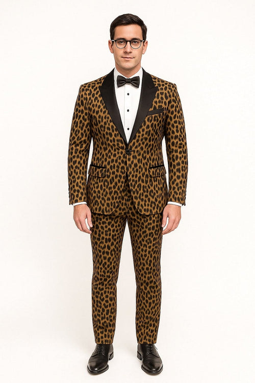 Mens Leopard Print Tuxedo with Black Satin Lapel and Bow Tie Bold Animal Print Formal Suit