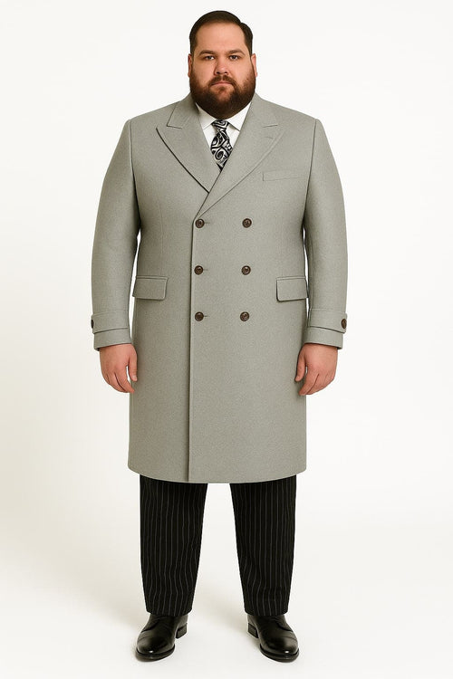 Mens Light Gray Double-Breasted Wool Overcoat â€“ Classic Long Dress Coat for Winter