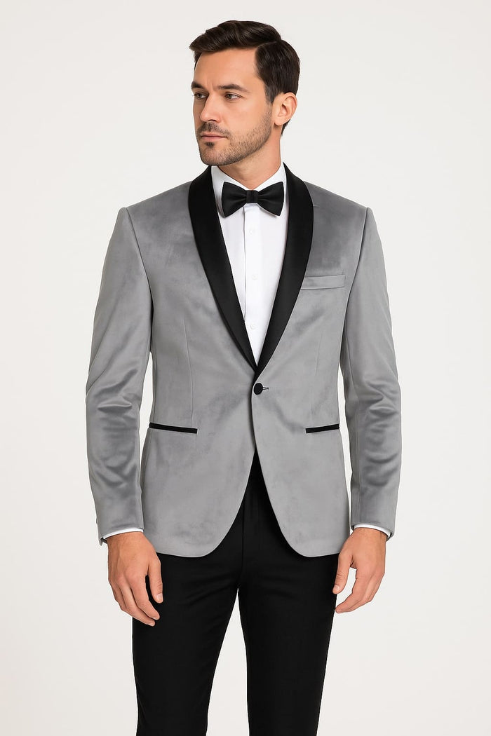 Mens Light Gray Velvet Tuxedo Jacket Slim Fit Shawl Lapel Formal Blazer + Black Pants Included