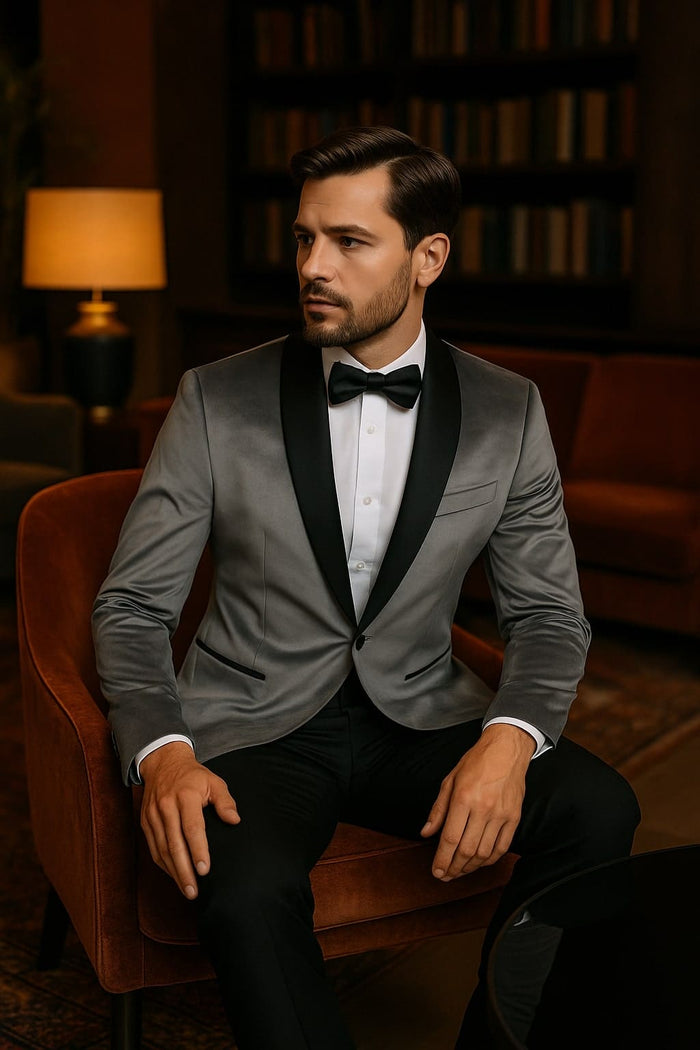 Mens Light Gray Velvet Tuxedo Jacket Slim Fit Shawl Lapel Formal Blazer + Black Pants Included