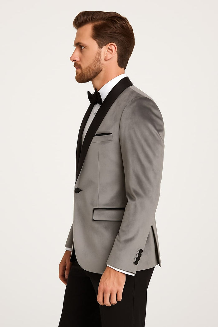 Mens Light Gray Velvet Tuxedo Jacket Slim Fit Shawl Lapel Formal Blazer + Black Pants Included