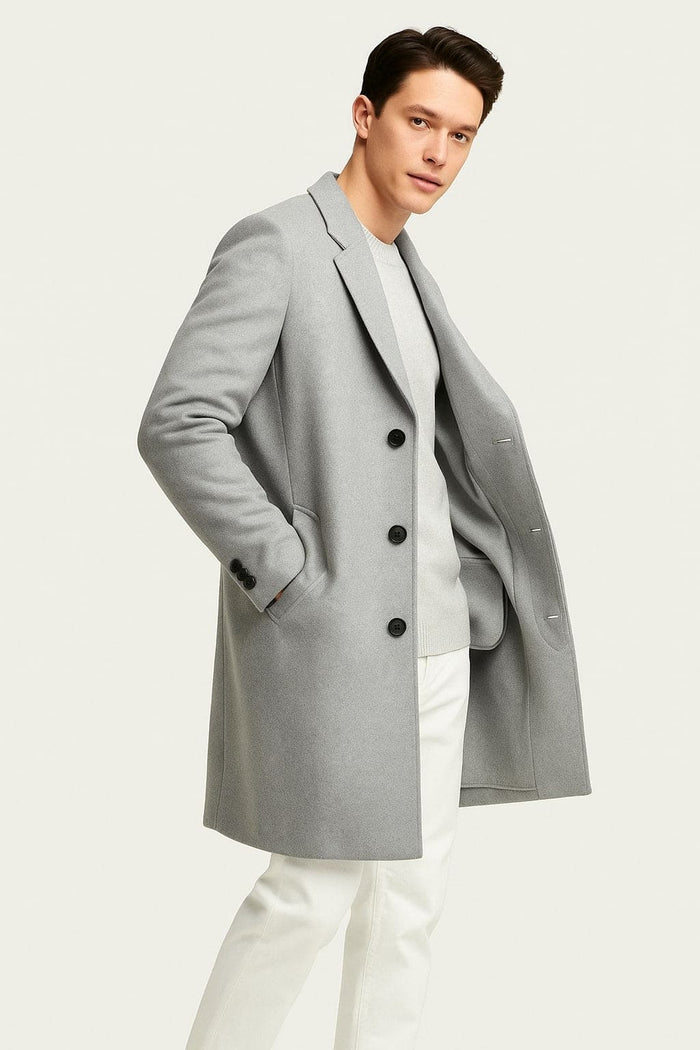 Mens Light Gray Wool Overcoat â€“ Classic Single-Breasted Winter Coat