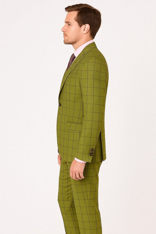Mens Light Olive Green Three-Piece Plaid Suit with Notch Lapel - Sage Green Windowpane Pattern