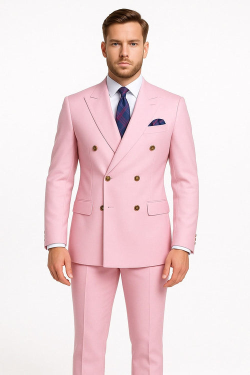 Mens Light Pink Double-Breasted Suit with Gold Buttons â€“ 2-Piece Slim Fit Set