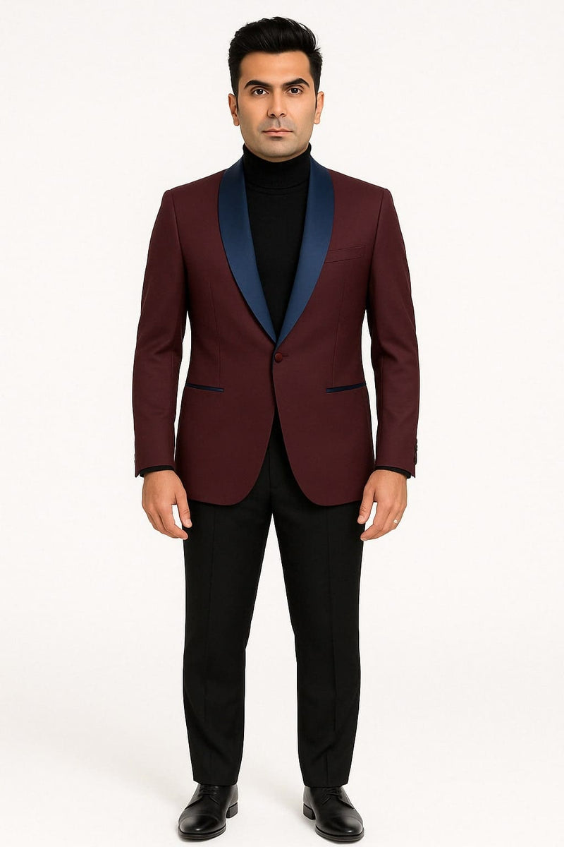 Mens Maroon Tuxedo Jacket with Blue Satin Shawl Lapel Slim Fit Formal Blazer in Burgundy and Navy Blue