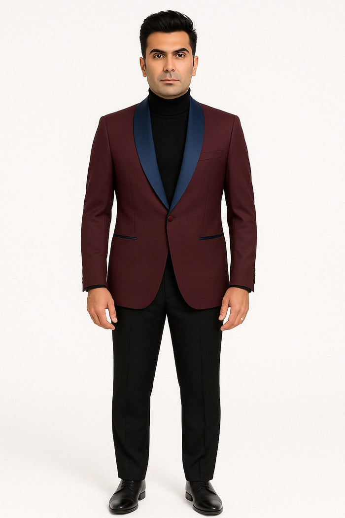 Mens Maroon Tuxedo Jacket with Blue Satin Shawl Lapel Slim Fit Formal Blazer in Burgundy and Navy Blue