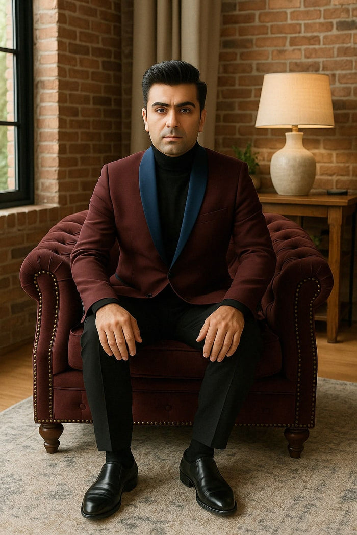 Mens Maroon Tuxedo Jacket with Blue Satin Shawl Lapel Slim Fit Formal Blazer in Burgundy and Navy Blue