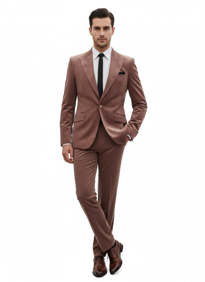 Men's mauve velvet 2-piece suit in light brown. Ultra slim fit blazer with single-button closure, notched lapels, and a breast pocket. Slim-fit flat-front trousers. Soft velvet fabric.