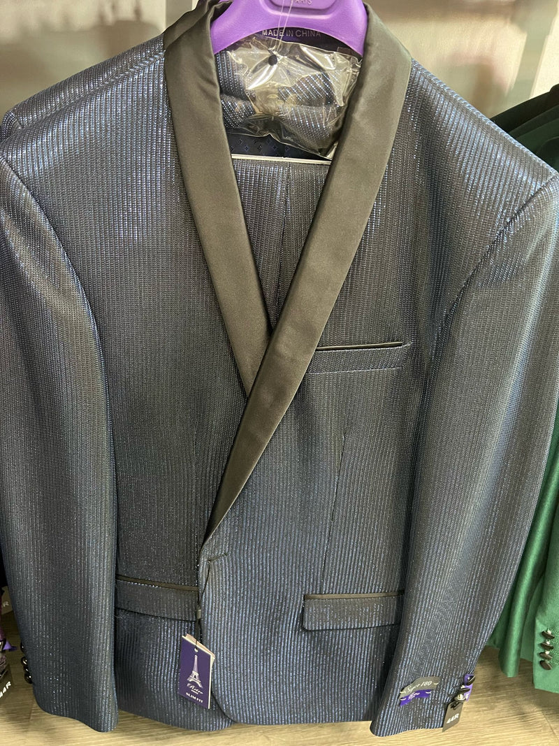 Men’s Midnight Blue Stripe Jacket with Black Satin Shawl Lapel – Shiny Formal Party Suit