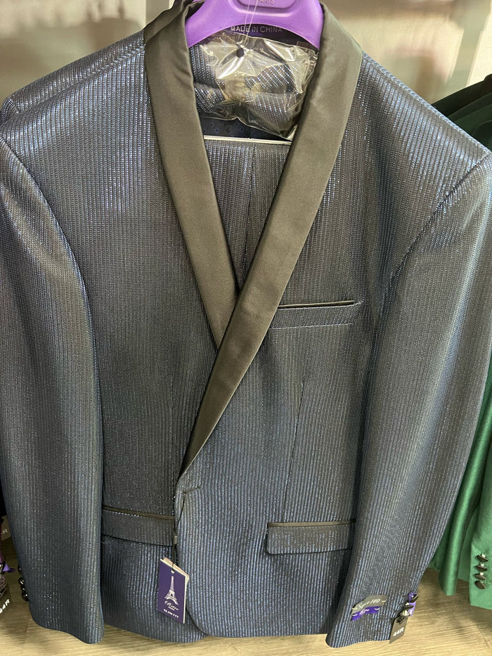 Men’s Midnight Blue Stripe Jacket with Black Satin Shawl Lapel – Shiny Formal Party Suit