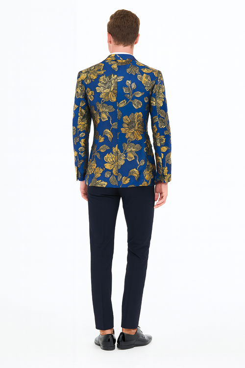 Navy slim-fit tuxedo jacket with gold paisley floral pattern. Structured, tailored silhouette. Matching gold patterned bowtie completes the luxurious look.
