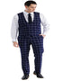 Mens Plaid Suit - Windowpane Pattern With Vest - Business Suit Navy