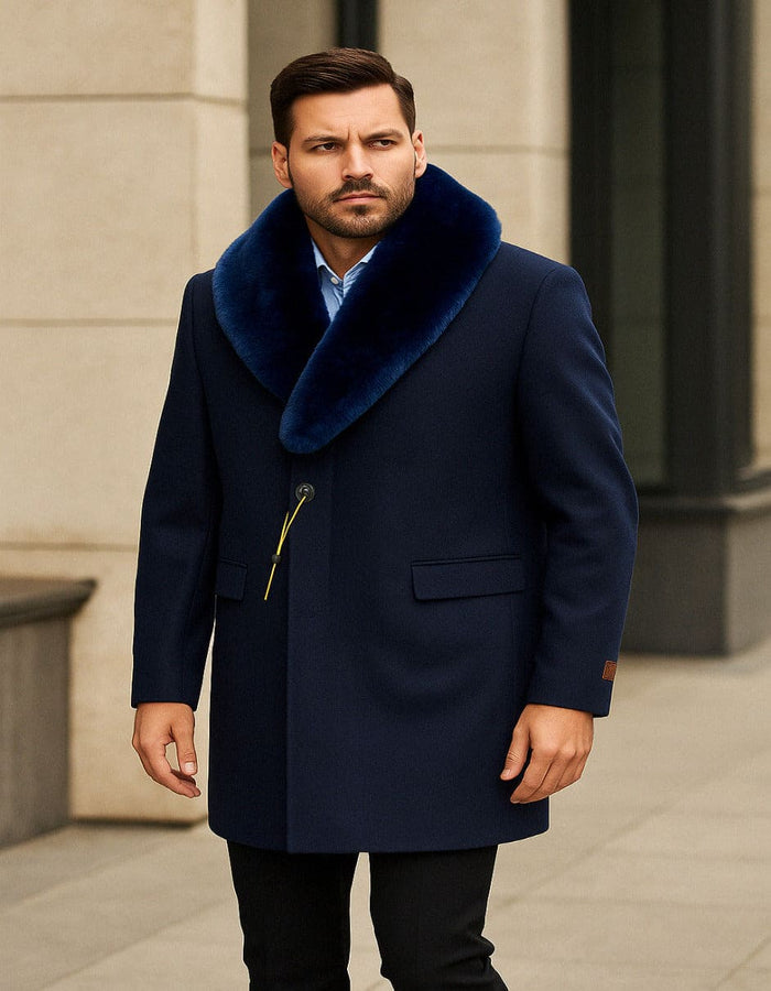 Mens Navy Wool Overcoat with Royal Blue Faux Fur Shawl Collar Cashmere Carcoat