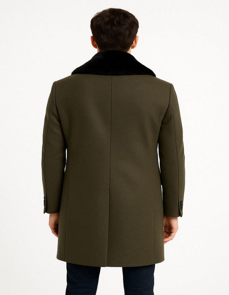 Mens Olive Green Wool Overcoat with Black Faux Fur Shawl Collar â€“ Double Breasted Winter Coat