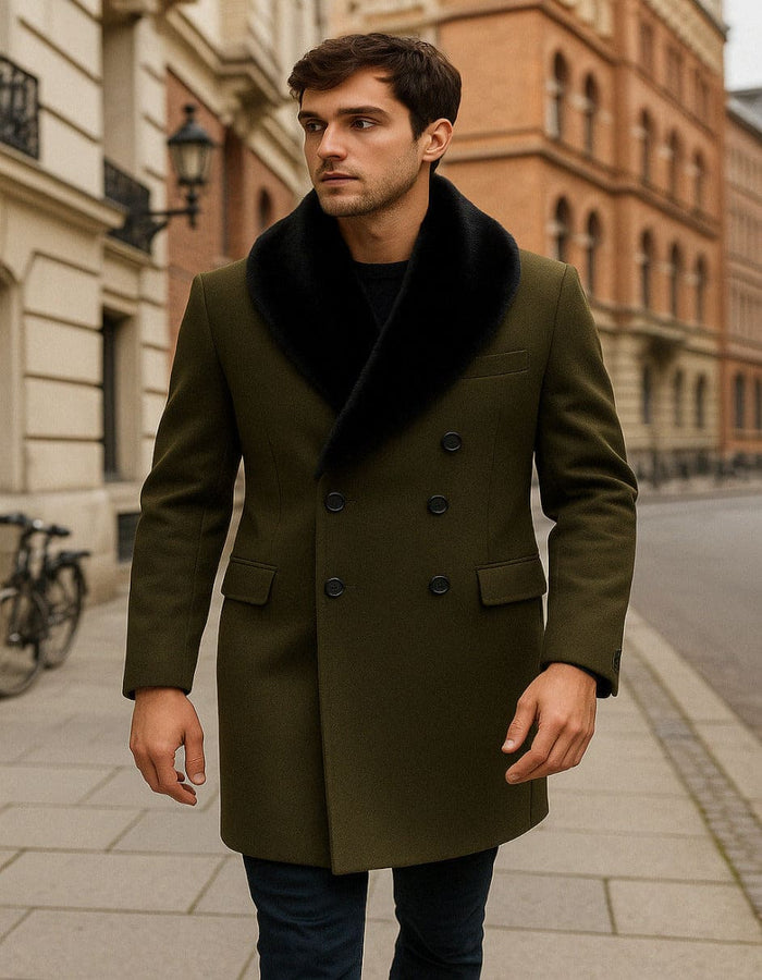 Mens Olive Green Wool Overcoat with Black Faux Fur Shawl Collar â€“ Double Breasted Winter Coat