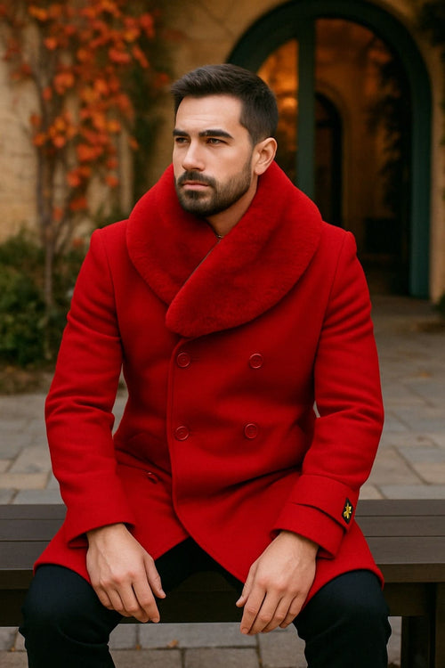 Mens Peacoat Color Red Color - Wool Overcoat with Faux Fur Shawl Collar â€“ Double-Breasted Peacoat for Winter
