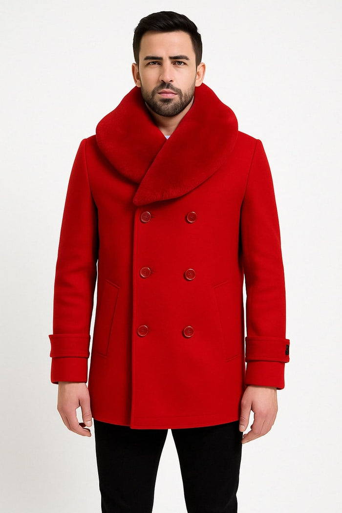 Mens Peacoat Color Red Color - Wool Overcoat with Faux Fur Shawl Collar â€“ Double-Breasted Peacoat for Winter