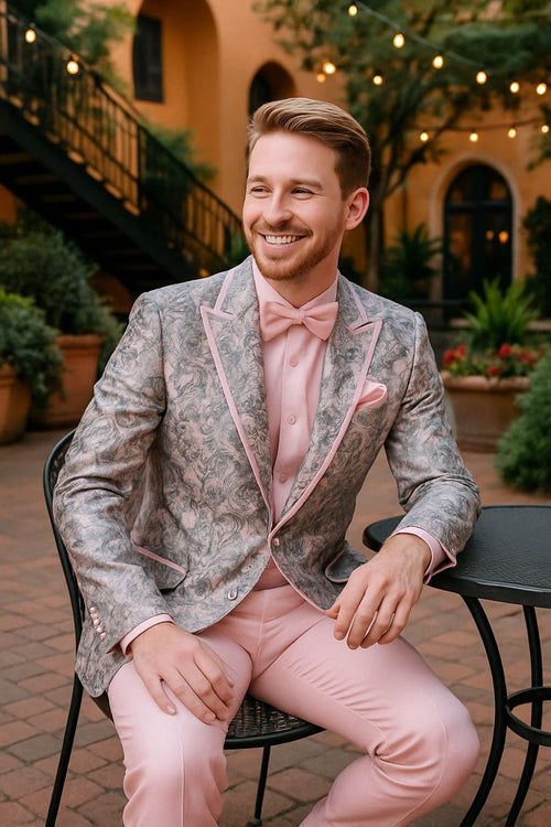 Mens Pink and Grey Floral Tuxedo with Satin Trim â€“ Prom and Wedding Suit with Bow Tie and Flower Pin