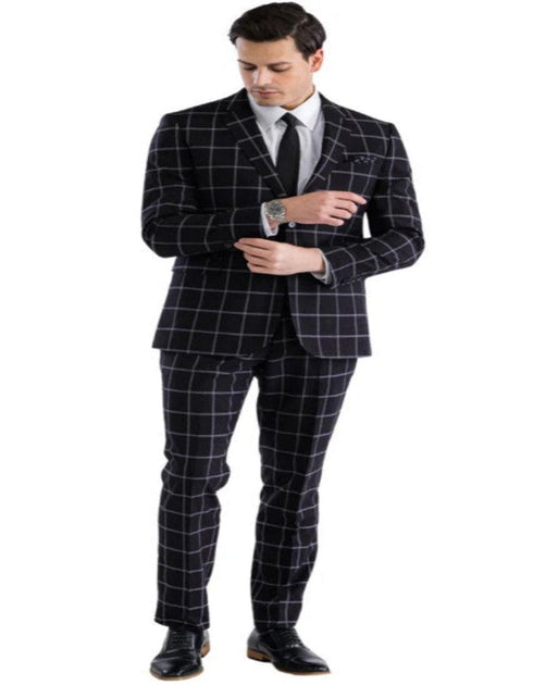 Mens Plaid Suit - Windowpane Pattern With Vest - Business Suit Black