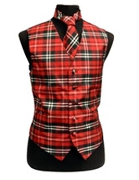 Mens New Years Outfit Mens Slim Fit Polyester Plaid White/Red And Black Vest Fashion Set - Men's Neck Ties - Mens Dress Tie - Trendy Mens Ties