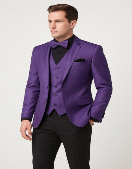 Mens Purple Paisley Tuxedo â€“ 3 Piece Suit with Bow Tie and Black Pants | Wedding & Prom Outfit - Slim Fitted