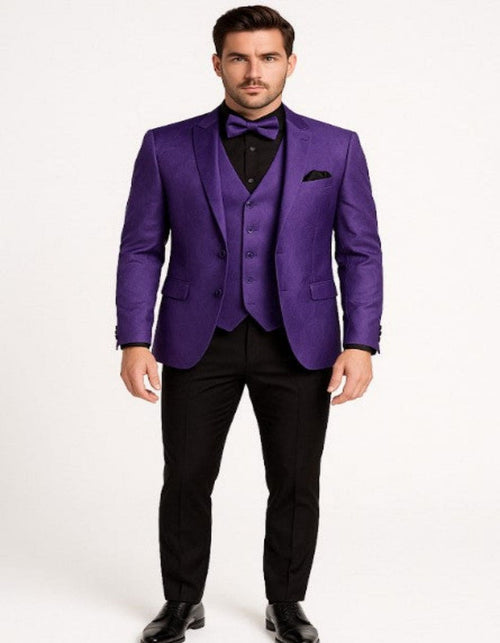 Mens Purple Paisley Tuxedo â€“ 3 Piece Suit with Bow Tie and Black Pants | Wedding & Prom Outfit - Slim Fitted