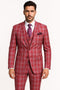 Men's three-piece suit in red plaid. Features a fitted jacket (two-button closure, pockets), vest, and matching pants. Bold red pattern with white/black accents.
