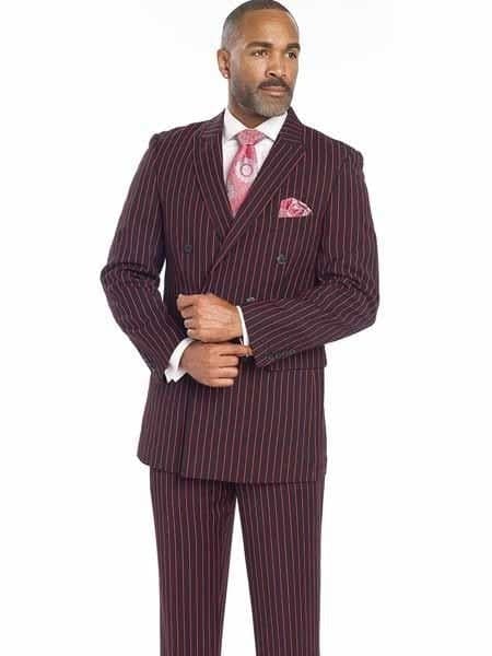 Mens New Years Outfit Men's Black/Red Bold Chalk Stripe ~ Pinstripe White Pinstripe Pleated Pants Gangster Suit