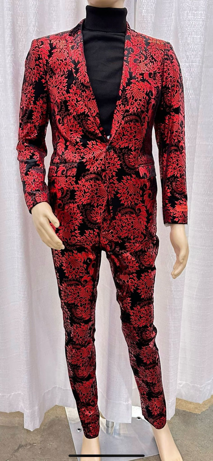 Mens Red and Black Floral Brocade Tuxedo Suit â€“ Two Piece Slim Fit Set