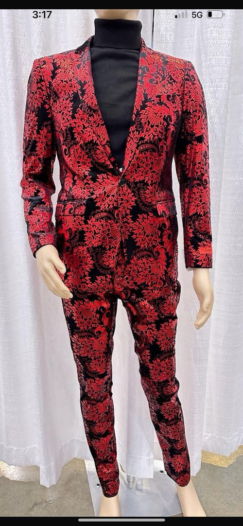 Mens Red and Black Floral Tuxedo Suit â€“ Slim Fit 2 Piece Embroidered Outfit for Weddings, Prom, and Formal Events