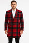 Mens Red and Black Plaid Wool Overcoat with Notch Lapel