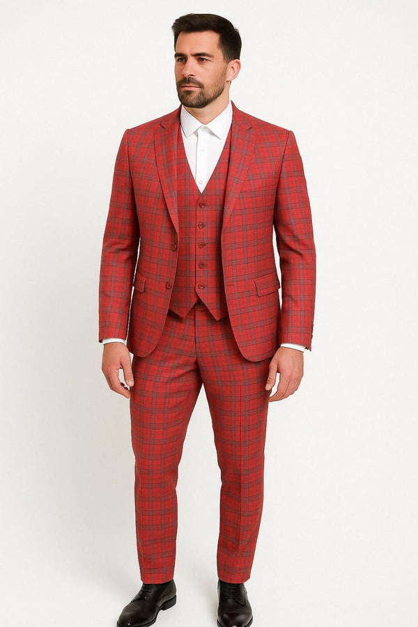 Red Tartan Suit Christmas Party Event - Plaid 3-Piece Slim Fit Suit with Vest - Window pane Pattern