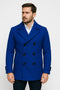 Royal blue men's double-breasted wool peacoat. Structured, tailored fit with notched collar, six black buttons, and side pockets. Features cuff detailing and a smooth wool texture.
