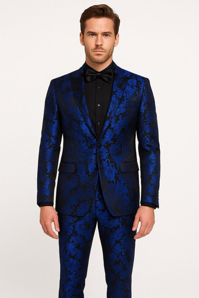 Men’s Royal Blue Metallic Floral Suit – Black Background Two-Piece Set