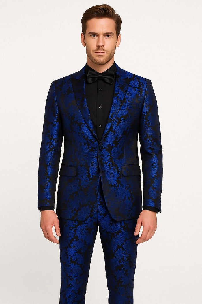 Men’s Royal Blue Metallic Floral Suit – Black Background Two-Piece Set