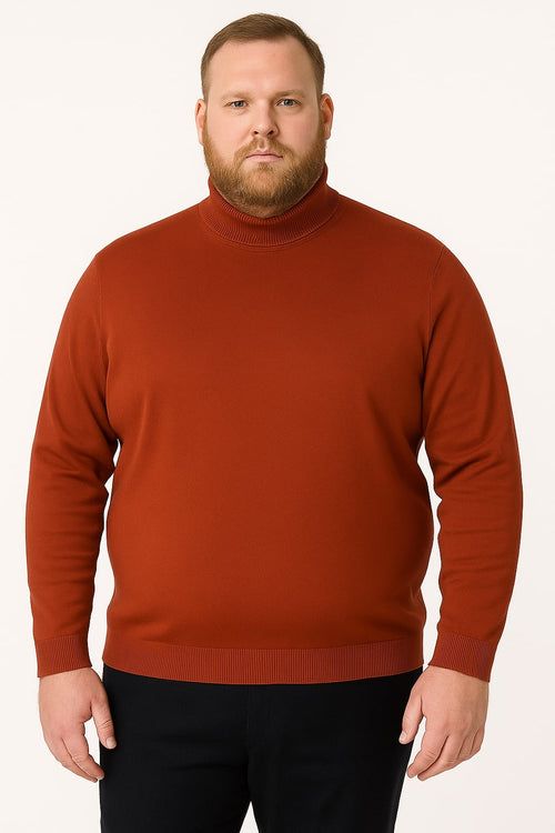 Mens Rust Red Turtleneck Sweater â€“ Slim fit Lightweight Knit Pullover in Brick Color