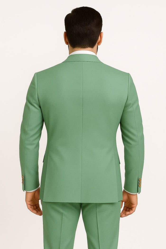 Mens Sage Green Double-Breasted Suit with Gold Buttons â€“ Formal Slim Fit 2-Piece Pistachio Color