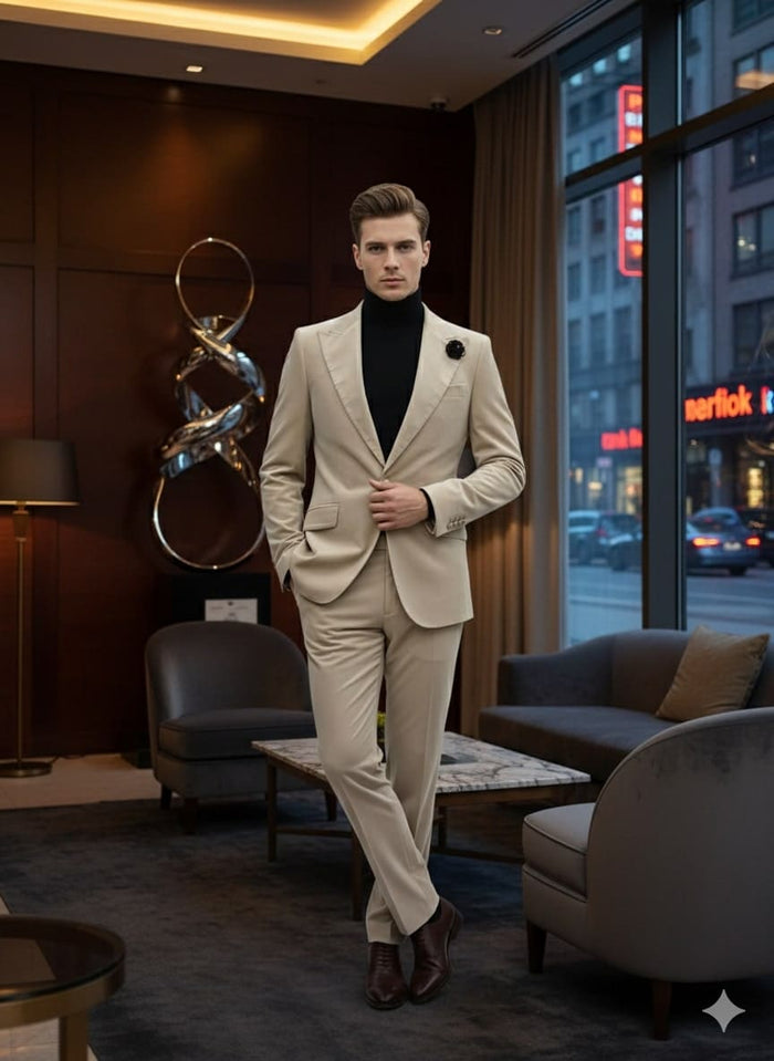 Men's sand beige velvet tuxedo suit: slim fit blazer (notch lapel, single-breasted) and flat-front pants. Winter fabric. Consistent color for a streamlined silhouette.
