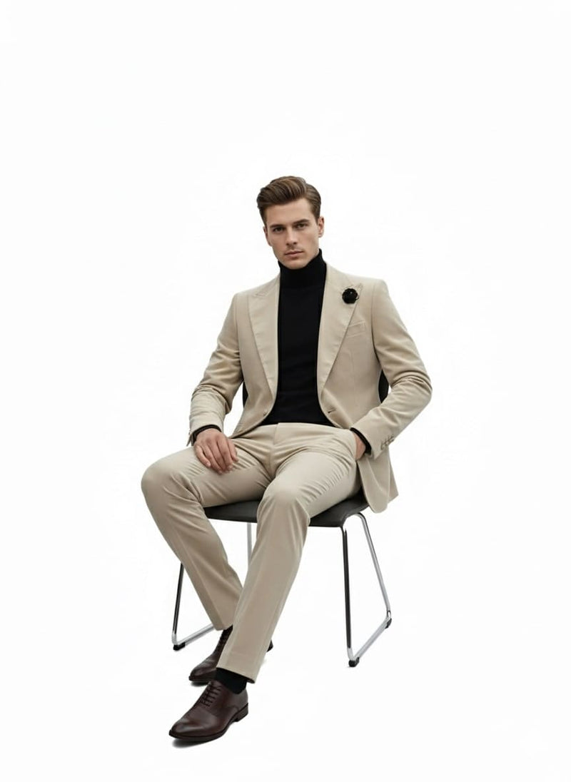Men's sand beige velvet tuxedo suit. Slim-fit blazer & pants. Winter fabric, natural color. Two-piece set for a sophisticated winter look.
