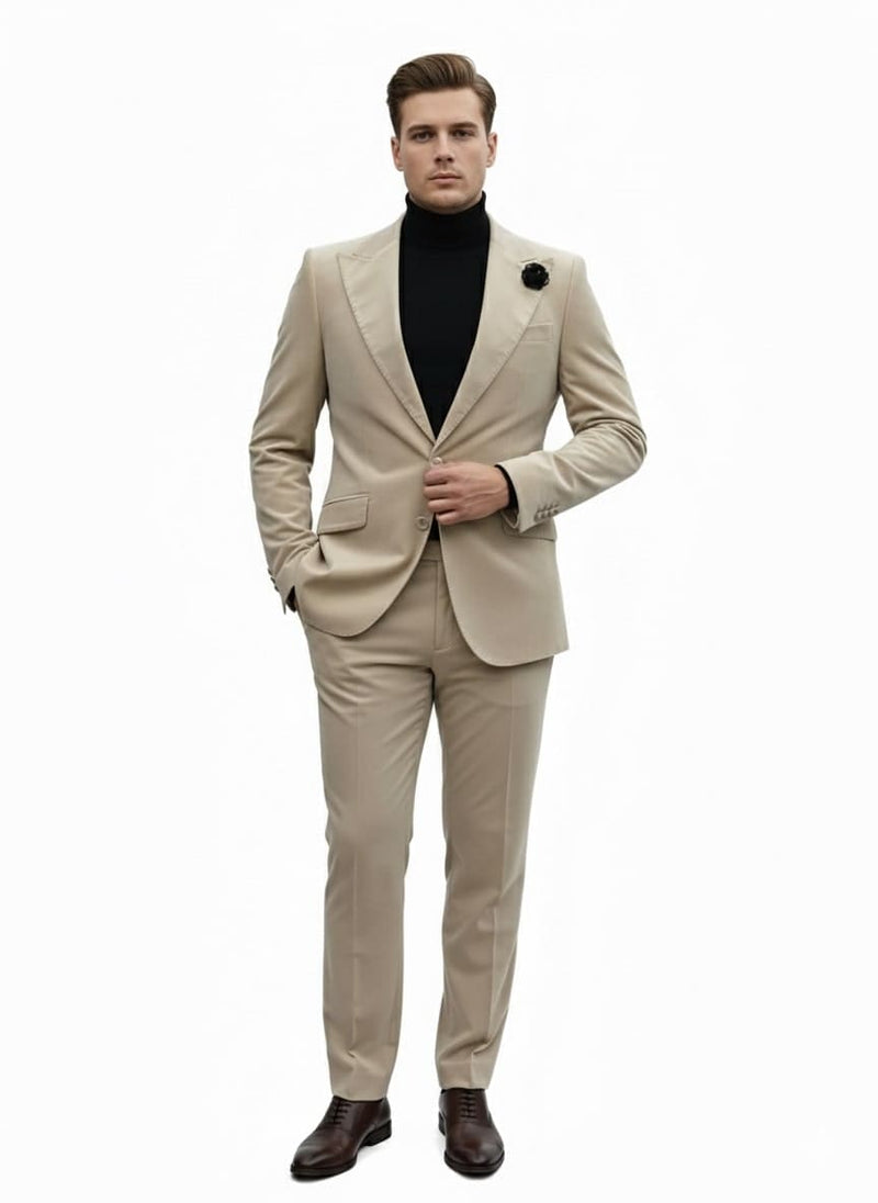Men's sand beige velvet tuxedo suit: slim-fit blazer with notch lapel and single-button closure, tailored pants. Soft, textured velvet. Perfect for winter events.
