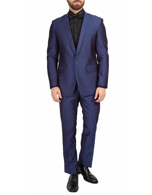 Mens Slim Fit Sharkskin Shawl Prom Tuxedo in Navy Blue