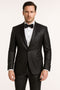 Men's black tuxedo with shiny, glossy material. Features satin shawl lapel, vertical pinstripes, button closure, and pockets. Includes matching trousers.
