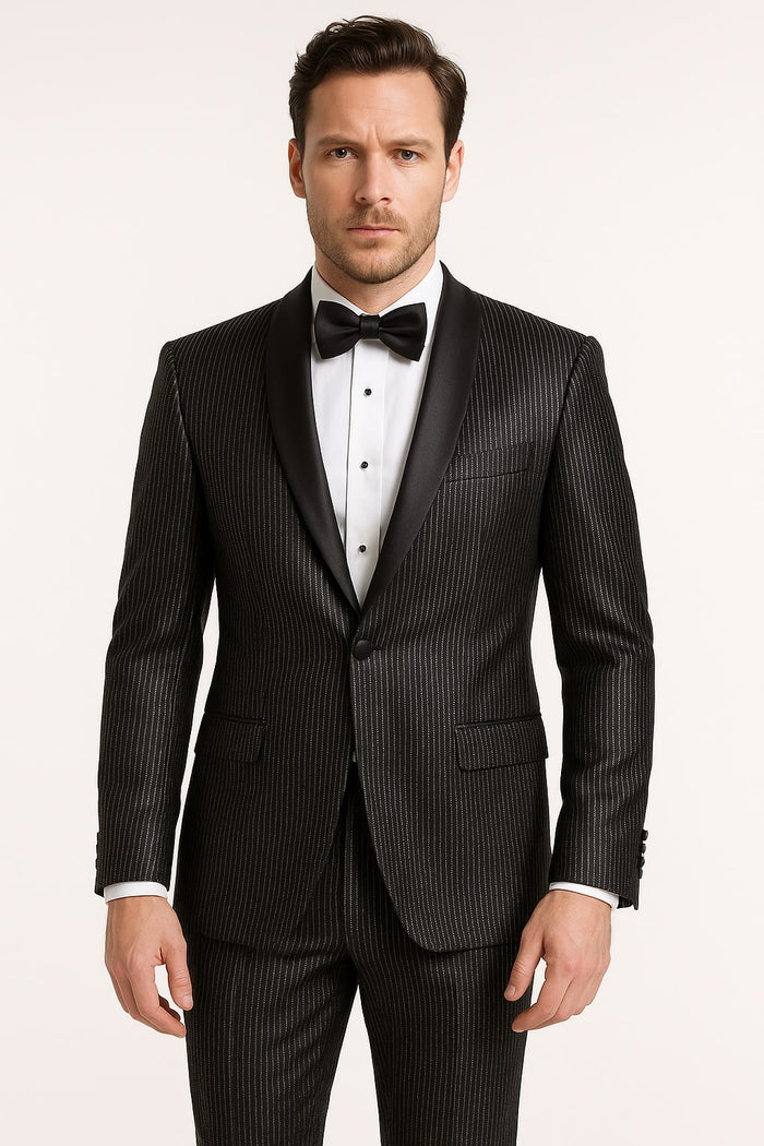 Men's black tuxedo with shiny, glossy material. Features satin shawl lapel, vertical pinstripes, button closure, and pockets. Includes matching trousers.
