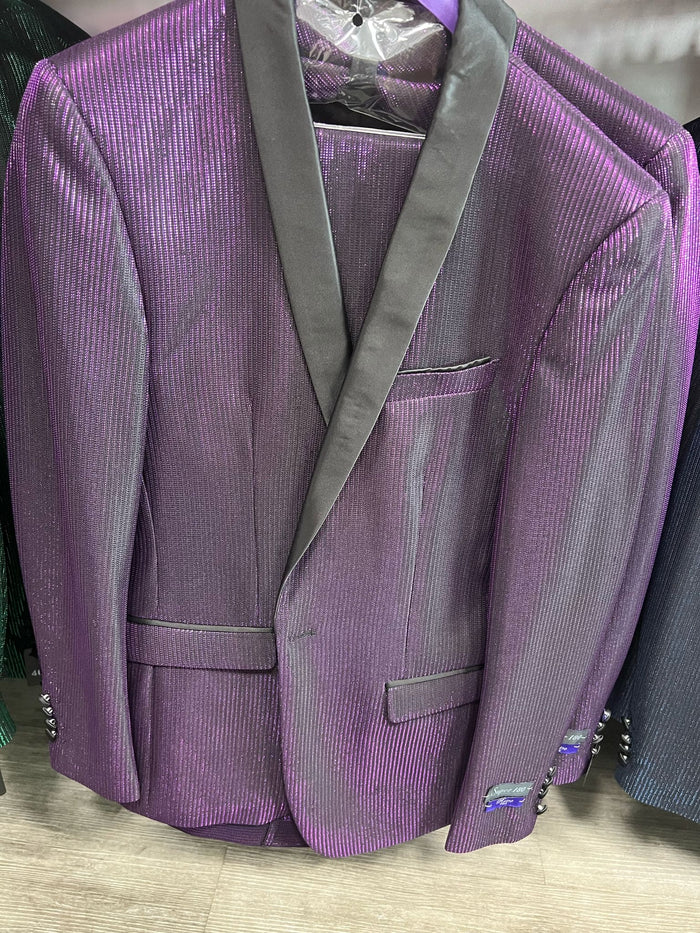 Mens Shiny Purple Tuxedo Jacket with Black Satin Shawl Lapel â€“ Formal Party Blazer for Prom and Weddings