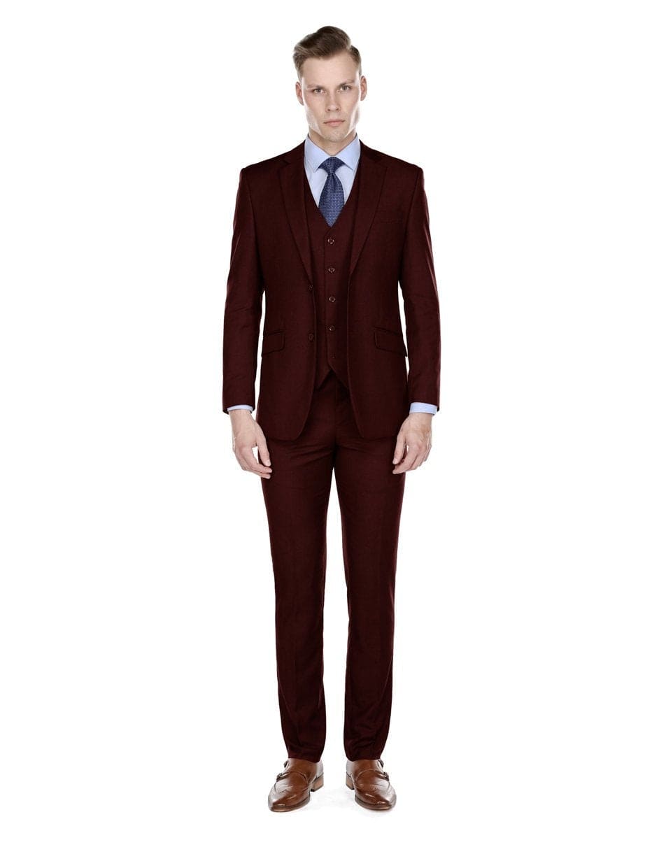 Mens 2 Button Skinny Vested Wool Suit in Burgundy
