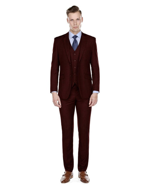 Mens Smart Slim Vested Suit Burgundy