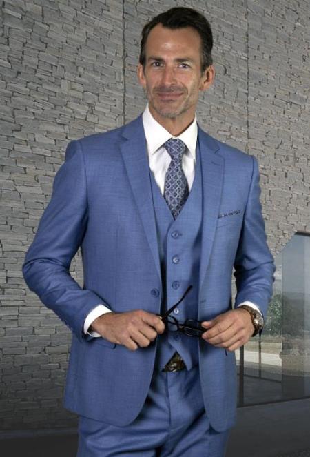 Men’s Steel Blue 3 Piece Prom Suit, Dusty Blue Vested Wedding Formal Suit Set
