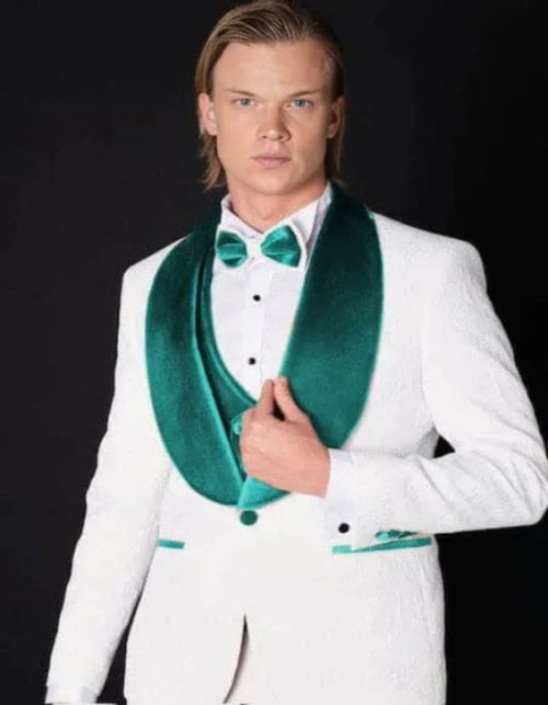 White and Teal Blue Lapel Suit with Vest and Pants – Wedding Groom Suit
